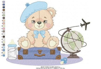 Bear with bags embroidery design - Travel Bear with suitcases machine embroidery pattern - Baby boy file - Instant digital download pes jef dst - Marcia Embroidery