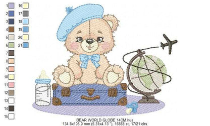 Bear with bags embroidery design - Travel Bear with suitcases machine embroidery pattern - Baby boy file - Instant digital download pes jef dst - Marcia Embroidery