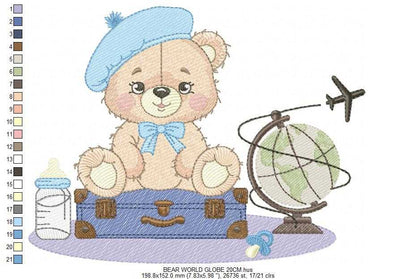 Bear with bags embroidery design - Travel Bear with suitcases machine embroidery pattern - Baby boy file - Instant digital download pes jef dst - Marcia Embroidery
