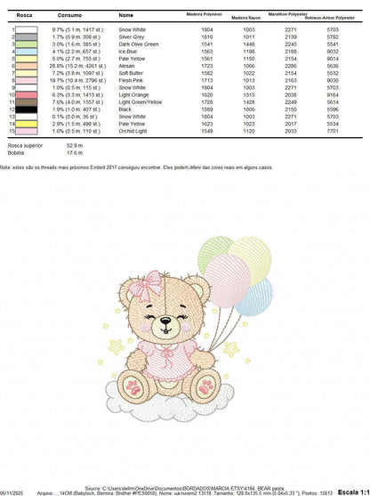 Bear with balloons embroidery designs - Baby girl pink bow and cloud machine embroidery pattern - Birthday party - Instant digital download - Marcia Embroidery