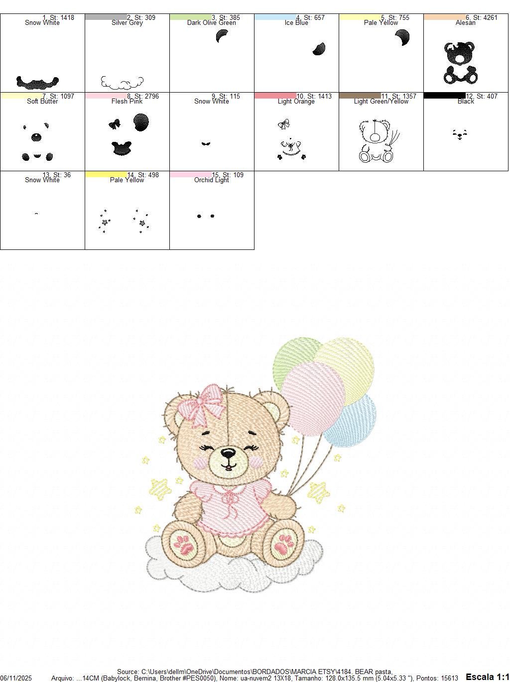 Bear with balloons embroidery designs - Baby girl pink bow and cloud machine embroidery pattern - Birthday party - Instant digital download - Marcia Embroidery