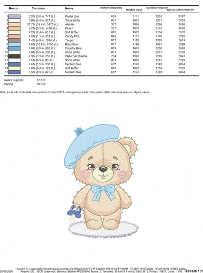 Bear with beret embroidery design - Travel Baby Bear machine embroidery pattern - Baby boy file - Instant digital download pes jef dst - Marcia Embroidery