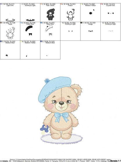 Bear with beret embroidery design - Travel Baby Bear machine embroidery pattern - Baby boy file - Instant digital download pes jef dst - Marcia Embroidery