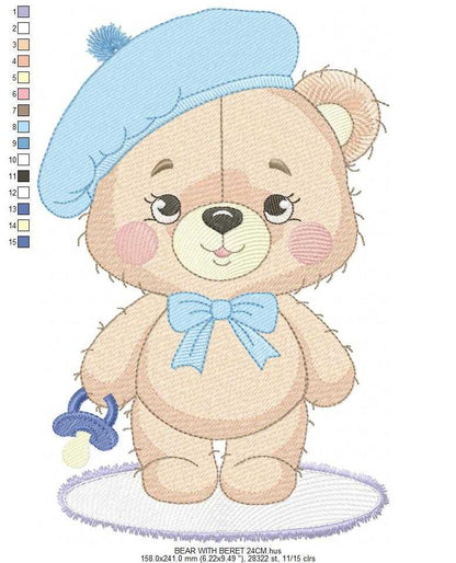 Bear with beret embroidery design - Travel Baby Bear machine embroidery pattern - Baby boy file - Instant digital download pes jef dst - Marcia Embroidery