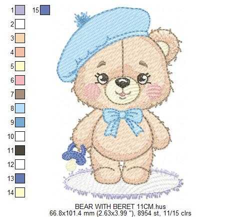 Bear with beret embroidery design - Travel Baby Bear machine embroidery pattern - Baby boy file - Instant digital download pes jef dst - Marcia Embroidery