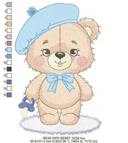 Bear with beret embroidery design - Travel Baby Bear machine embroidery pattern - Baby boy file - Instant digital download pes jef dst - Marcia Embroidery