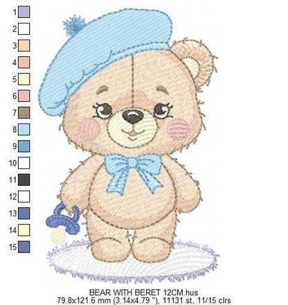 Bear with beret embroidery design - Travel Baby Bear machine embroidery pattern - Baby boy file - Instant digital download pes jef dst - Marcia Embroidery