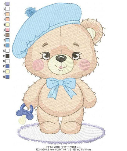 Bear with beret embroidery design - Travel Baby Bear machine embroidery pattern - Baby boy file - Instant digital download pes jef dst - Marcia Embroidery