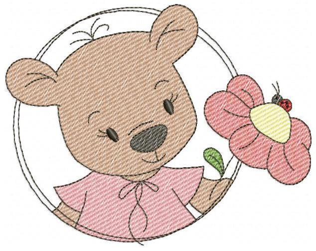 Bear with flower embroidery designs - Baby girl bear with pink dress machine embroidery pattern - Instant digital download pes jef dst hus vp3 - Marcia Embroidery