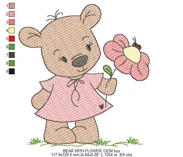 Bear with flower embroidery designs - Baby girl bear with pink dress machine embroidery pattern - Instant digital download pes jef dst hus vp3 - Marcia Embroidery