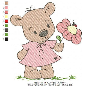 Bear with flower embroidery designs - Baby girl bear with pink dress machine embroidery pattern - Instant digital download pes jef dst hus vp3 - Marcia Embroidery