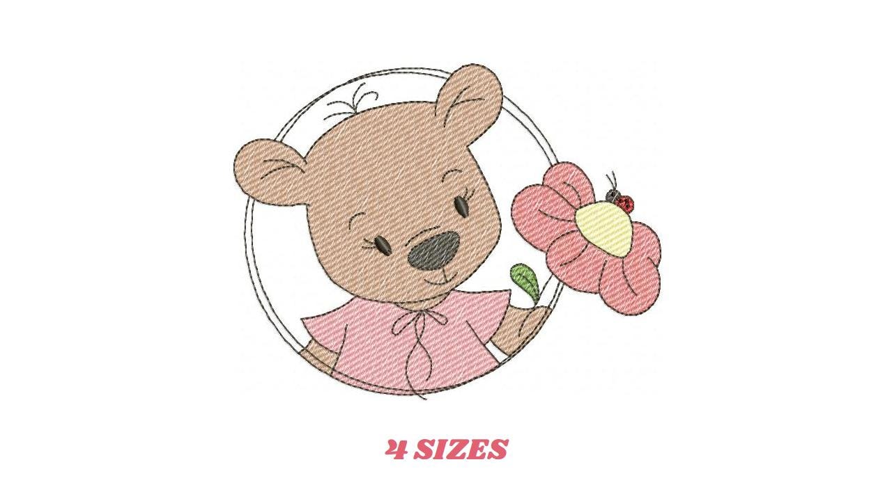 Bear with flower embroidery designs - Baby girl bear with pink dress machine embroidery pattern - Instant digital download pes jef dst hus vp3 - Marcia Embroidery
