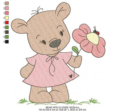 Bear with flower embroidery designs - Baby girl bear with pink dress machine embroidery pattern - Instant digital download pes jef dst hus vp3 - Marcia Embroidery