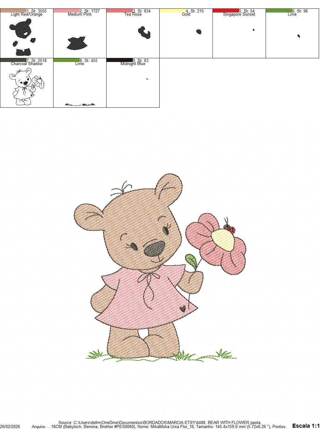 Bear with flower embroidery designs - Baby girl bear with pink dress machine embroidery pattern - Instant digital download pes jef dst hus vp3 - Marcia Embroidery