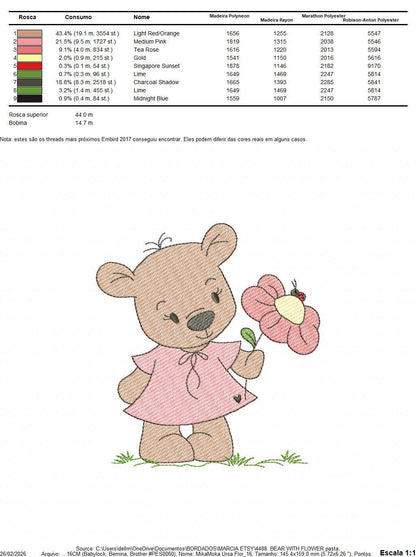 Bear with flower embroidery designs - Baby girl bear with pink dress machine embroidery pattern - Instant digital download pes jef dst hus vp3 - Marcia Embroidery