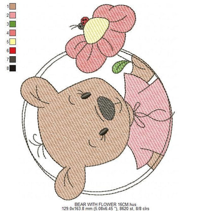 Bear with flower embroidery designs - Baby girl bear with pink dress machine embroidery pattern - Instant digital download pes jef dst hus vp3 - Marcia Embroidery