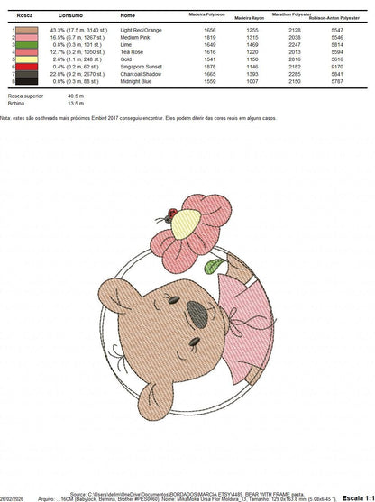 Bear with flower embroidery designs - Baby girl bear with pink dress machine embroidery pattern - Instant digital download pes jef dst hus vp3 - Marcia Embroidery