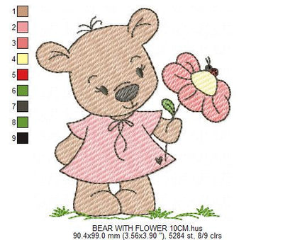 Bear with flower embroidery designs - Baby girl bear with pink dress machine embroidery pattern - Instant digital download pes jef dst hus vp3 - Marcia Embroidery