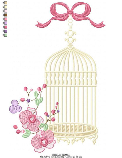 Birdcage with Flowers embroidery design - Moth Orchid Flowers machine embroidery pattern - Baby girl file - Instant digital download pes jef dst - Marcia Embroidery