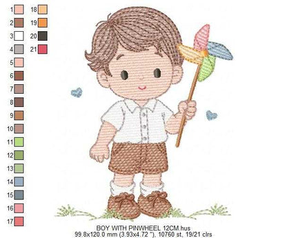 Boy playing with pinwheel embroidery design - Baby Boy machine embroidery pattern - Kid Toy file - Instant digital download pes jef dst - Marcia Embroidery