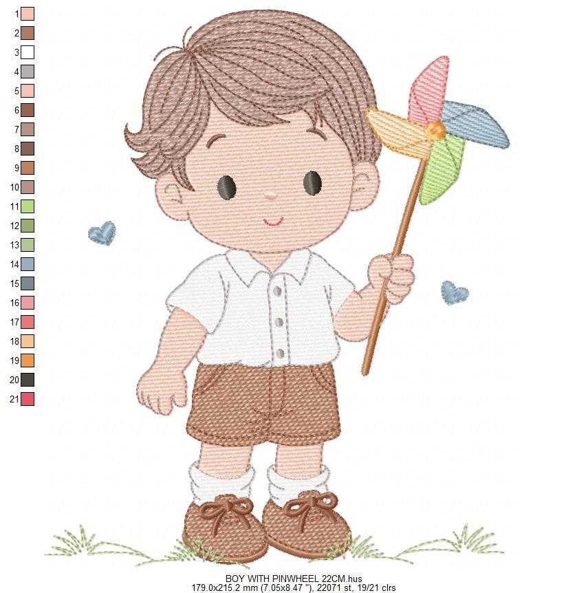 Boy playing with pinwheel embroidery design - Baby Boy machine embroidery pattern - Kid Toy file - Instant digital download pes jef dst - Marcia Embroidery