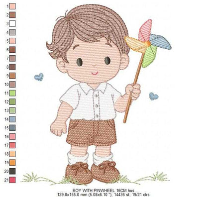 Boy playing with pinwheel embroidery design - Baby Boy machine embroidery pattern - Kid Toy file - Instant digital download pes jef dst - Marcia Embroidery