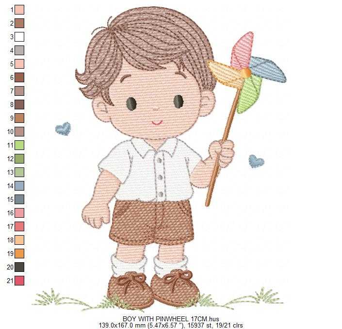 Boy playing with pinwheel embroidery design - Baby Boy machine embroidery pattern - Kid Toy file - Instant digital download pes jef dst - Marcia Embroidery