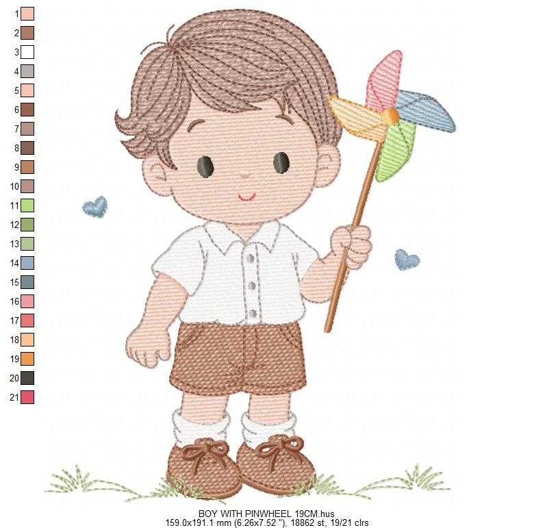 Boy playing with pinwheel embroidery design - Baby Boy machine embroidery pattern - Kid Toy file - Instant digital download pes jef dst - Marcia Embroidery