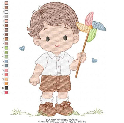 Boy playing with pinwheel embroidery design - Baby Boy machine embroidery pattern - Kid Toy file - Instant digital download pes jef dst - Marcia Embroidery