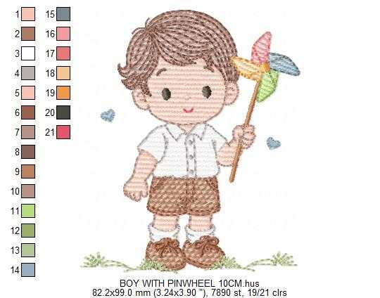 Boy playing with pinwheel embroidery design - Baby Boy machine embroidery pattern - Kid Toy file - Instant digital download pes jef dst - Marcia Embroidery