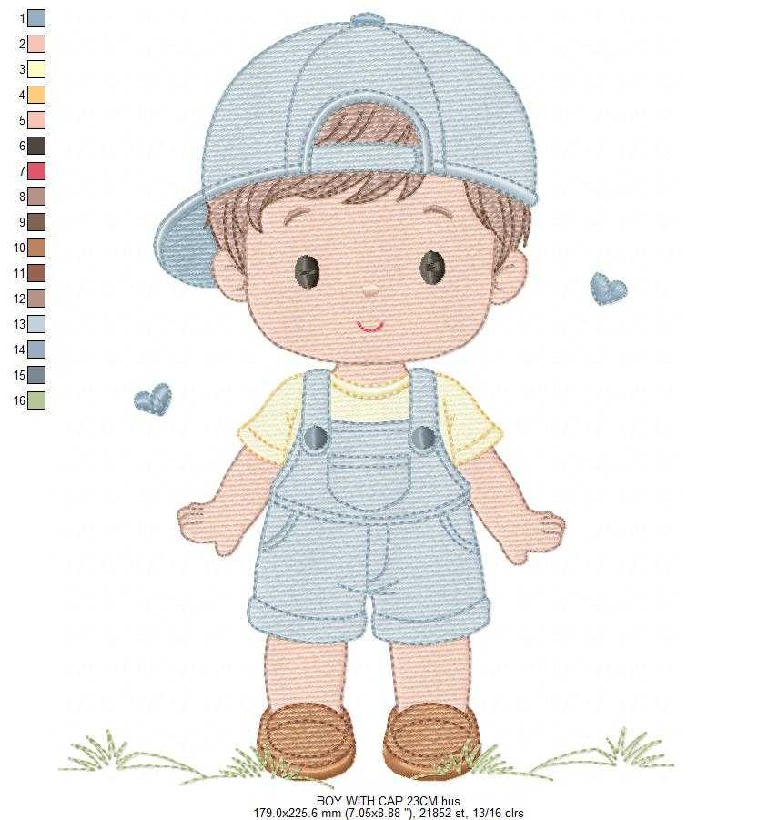 Boy with cap embroidery design - Baby Boy with overall and hearts machine embroidery pattern - Instant digital download pes jef dst hus vp3 - Marcia Embroidery