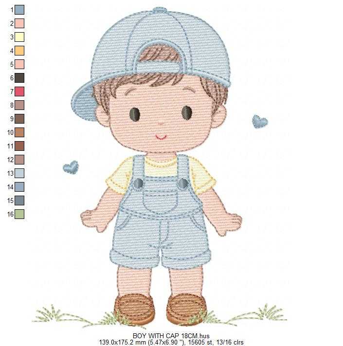 Boy with cap embroidery design - Baby Boy with overall and hearts machine embroidery pattern - Instant digital download pes jef dst hus vp3 - Marcia Embroidery