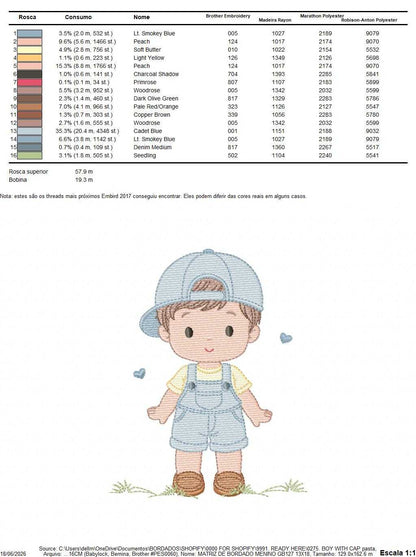 Boy with cap embroidery design - Baby Boy with overall and hearts machine embroidery pattern - Instant digital download pes jef dst hus vp3 - Marcia Embroidery