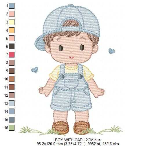 Boy with cap embroidery design - Baby Boy with overall and hearts machine embroidery pattern - Instant digital download pes jef dst hus vp3 - Marcia Embroidery