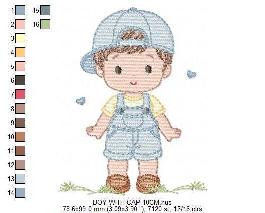 Boy with cap embroidery design - Baby Boy with overall and hearts machine embroidery pattern - Instant digital download pes jef dst hus vp3 - Marcia Embroidery