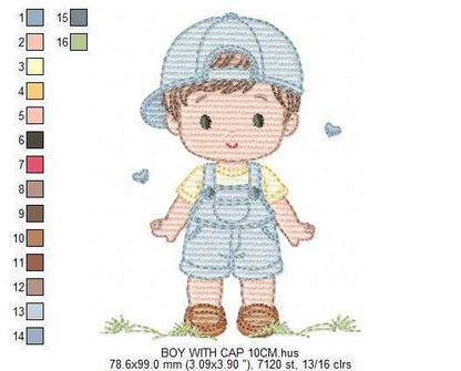 Boy with cap embroidery design - Baby Boy with overall and hearts machine embroidery pattern - Instant digital download pes jef dst hus vp3 - Marcia Embroidery