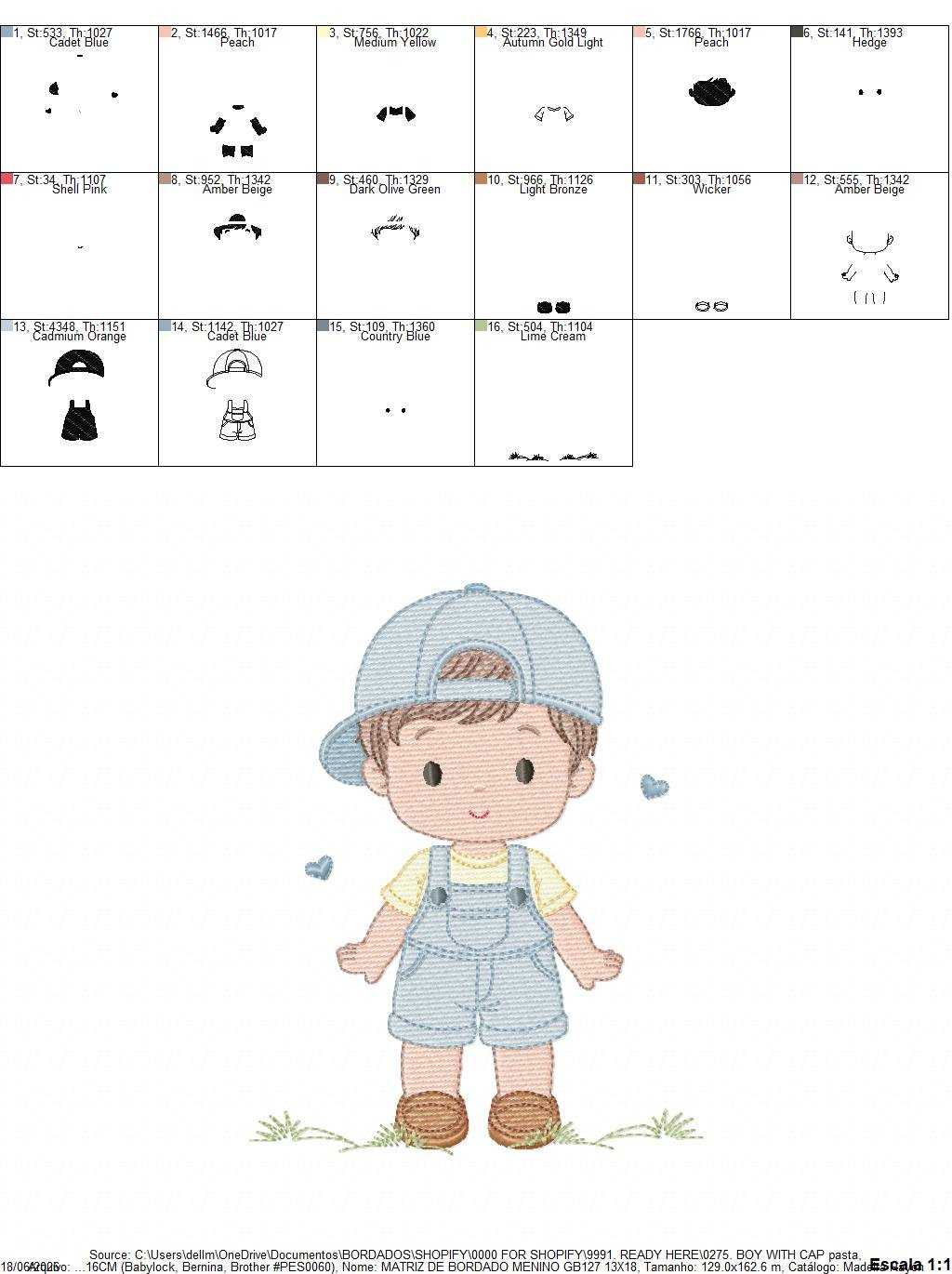 Boy with cap embroidery design - Baby Boy with overall and hearts machine embroidery pattern - Instant digital download pes jef dst hus vp3 - Marcia Embroidery