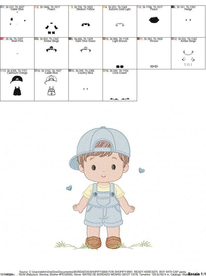Boy with cap embroidery design - Baby Boy with overall and hearts machine embroidery pattern - Instant digital download pes jef dst hus vp3 - Marcia Embroidery