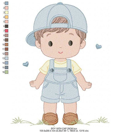 Boy with cap embroidery design - Baby Boy with overall and hearts machine embroidery pattern - Instant digital download pes jef dst hus vp3 - Marcia Embroidery