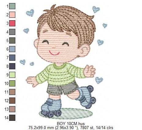 Boy with skates embroidery design - Baby Boy with rollerblades machine embroidery pattern - Children Playing file - Instant download - Marcia Embroidery