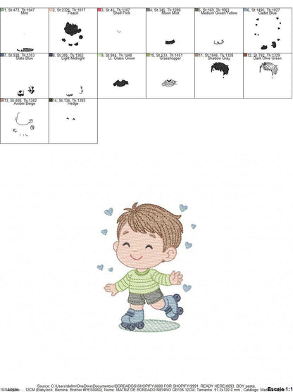 Boy with skates embroidery design - Baby Boy with rollerblades machine embroidery pattern - Children Playing file - Instant download - Marcia Embroidery