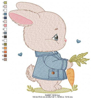 Bunny embroidery design - Rabbit with blue jacket and carrot machine pattern - Baby Boy Easter Bunny file - Instant digital download - Marcia Embroidery