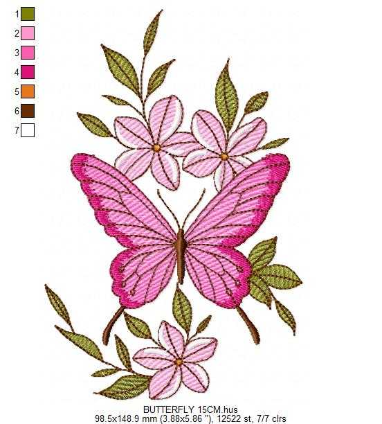 Butterfly embroidery design - Delicate butterfly with flowers machine embroidery pattern - Baby Girl file - Instant digital download pes - Marcia Embroidery