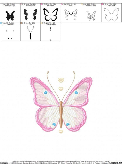 Butterfly embroidery design - Delicate butterfly with hearts machine embroidery pattern - Baby Girl file - Instant digital download pes jef dst - Marcia Embroidery