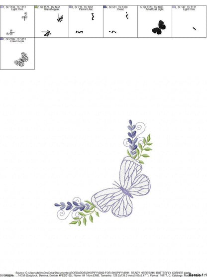 Butterfly embroidery design - Delicate butterfly with laurel corner frame machine embroidery pattern - Baby Girl file - Instant digital download pes jef - Marcia Embroidery