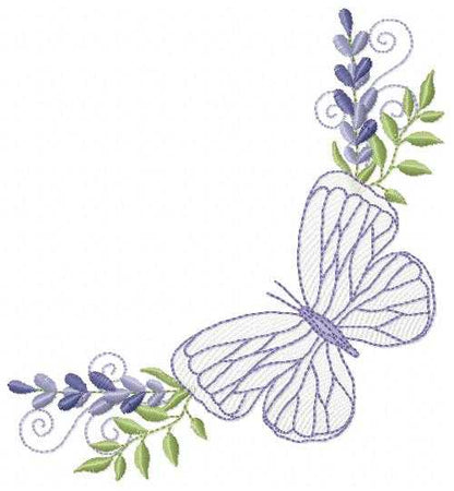 Butterfly embroidery design - Delicate butterfly with laurel corner frame machine embroidery pattern - Baby Girl file - Instant digital download pes jef - Marcia Embroidery