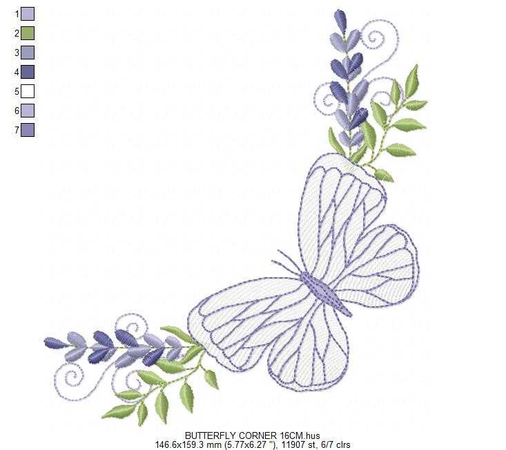 Butterfly embroidery design - Delicate butterfly with laurel corner frame machine embroidery pattern - Baby Girl file - Instant digital download pes jef - Marcia Embroidery