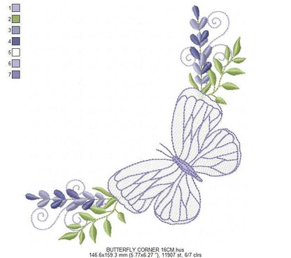 Butterfly embroidery design - Delicate butterfly with laurel corner frame machine embroidery pattern - Baby Girl file - Instant digital download pes jef - Marcia Embroidery