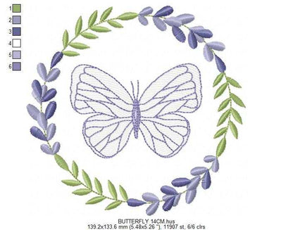 Butterfly embroidery design - Delicate butterfly with laurel frame machine embroidery pattern - Baby Girl file - Instant digital download pes jef dst - Marcia Embroidery