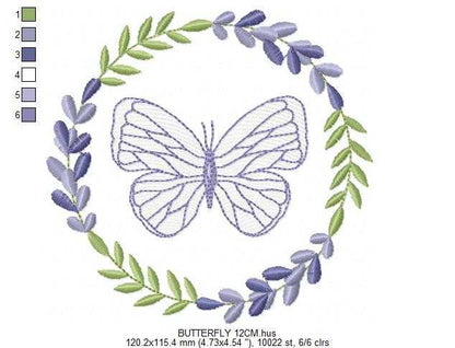 Butterfly embroidery design - Delicate butterfly with laurel frame machine embroidery pattern - Baby Girl file - Instant digital download pes jef dst - Marcia Embroidery